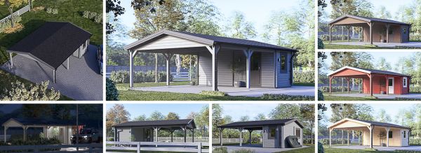 Carport en bois double 5.5x6 m avec abri (44 mm), 2x6 m
