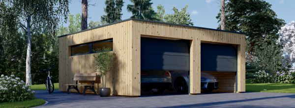 Garage en bois double à toit plat SILVIA DUO F (34 mm + bardage), 6x6 m, 36 m²
