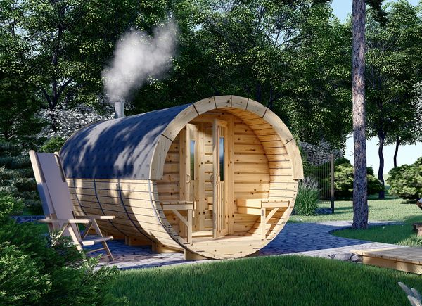 Sauna en tonneau extérieur avec vestiaire HELGA 59 (46 mm), 5,9 m, ⌀ 1,97 m avp.ui.product_images.thumbnail 1