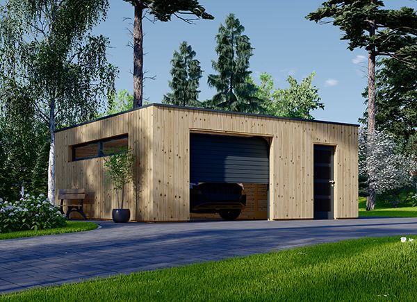 Garage en bois avec abri SILVIA F PLUS (34 mm + bardage), 6x6 m, 36 m² avp.ui.product_images.thumbnail 1
