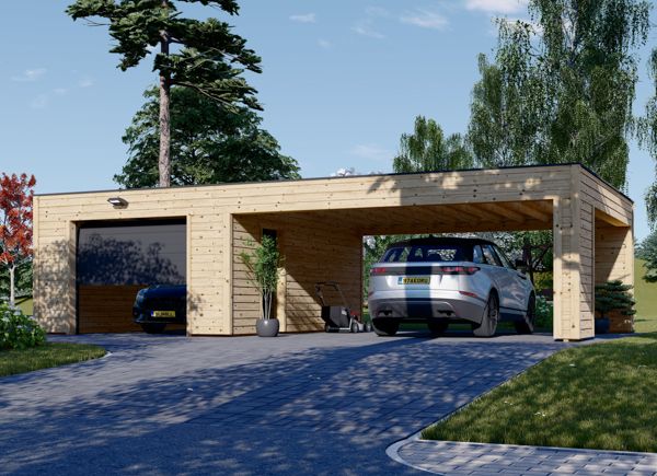 Garage en bois SILVIA F (34 mm + bardage), 4x6 m, avec carport 6x6 m avp.ui.product_images.thumbnail 1