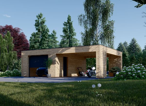 Garage en bois SILVIA F (34 mm + bardage), 4x6 m, avec carport 4x6 m avp.ui.product_images.thumbnail 1