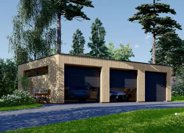 Garage en bois pour 3 voitures à toit plat SILVIA TRIO F (34 mm + bardage), 9x6 m, 54 m² avp.ui.product_images.thumbnail 1