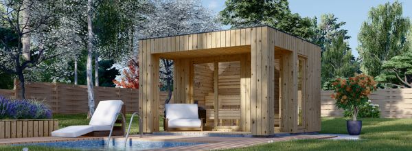 Sauna d'extérieur DELLA (34 mm + bardage), 3,6 x 2,1 m, 5,5 m², terrasse de 5 m²
