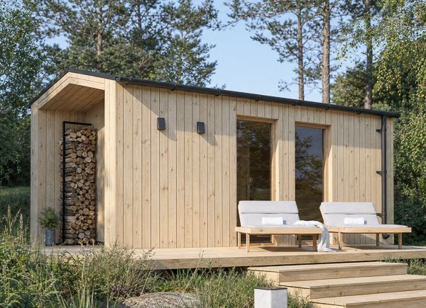 Sauna en bois SERENE 3 avec vestiaire et porche | Pin naturel – 5,44×2,64 m, 10,65 m² thumbnail 1