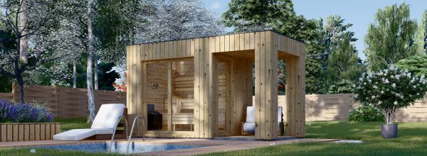 Sauna d'extérieur DELLA (34 mm + bardage), 2,6 x 2,1 m, 3,8 m², terrasse de 3 m²