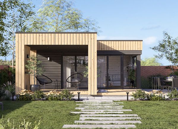 Abri de jardin en bois INES PLUS avec terrasse en L (Isolé RE2020, 34 mm + bardage), 6x6 m, 36 m² avp.ui.product_images.thumbnail 1