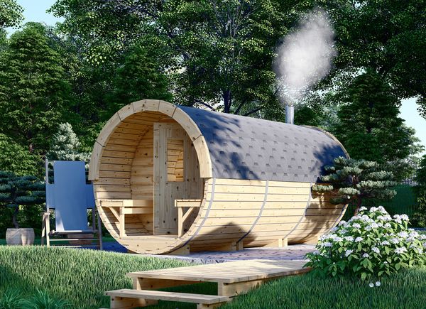 Sauna en tonneau extérieur avec vestiaire HELGA 40 (46 mm), 4,0 m, ⌀ 1,97 m avp.ui.product_images.thumbnail 1
