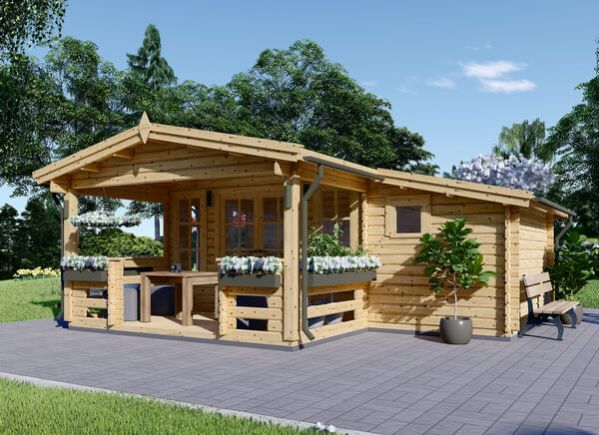 Abri de jardin en bois avec pergola AIDA PLUS (28 mm), 5x3 m, 9 m² + 6.5 m²