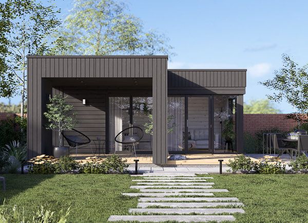 Abri de jardin en bois INES PLUS avec terrasse en L (Isolé RE2020, 34 mm + bardage), 6x6 m, 36 m² avp.ui.product_images.thumbnail 1