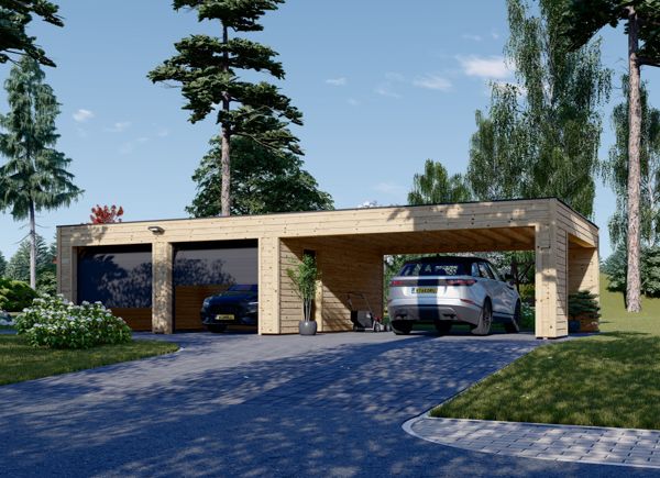Garage en bois double SILVIA F (34 mm + bardage), 6x6 m, avec carport 6x6 m avp.ui.product_images.thumbnail 1