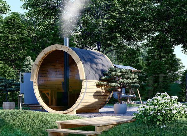 Sauna en tonneau HELGA 17 (46 mm), 1,7 m, ⌀ 1,97 m avec fenêtre panoramique (pleine hauteur) avp.ui.product_images.thumbnail 1