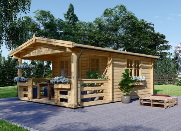 Abri de jardin en bois avec terrasse PARIS (34 mm), 6.7x5.7 m, 21 m² + 11 m²