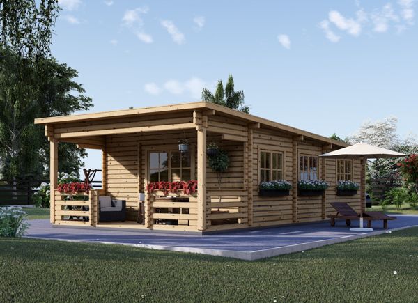 Chalet en bois à toit plat avec terrasse HYMER (44+44 mm), 42 m² + 10 m² avp.ui.product_images.thumbnail 1
