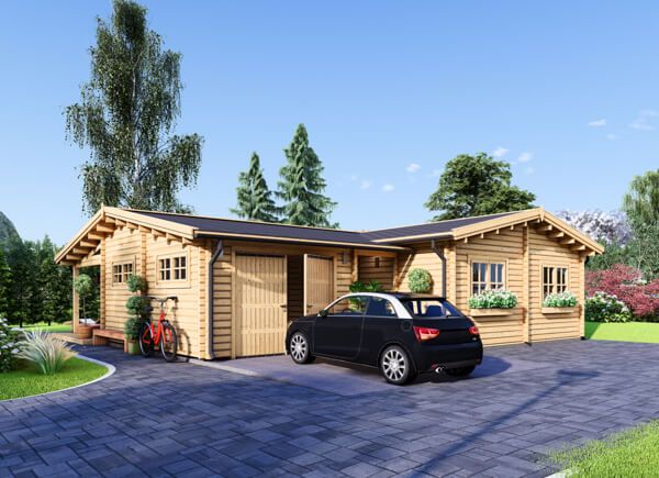 Chalet en bois habitable BERTA (Isolé RE2020, 44+44 mm), 72 m² avec terrasse + 20 m² garage avp.ui.product_images.thumbnail 1
