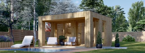 Sauna d'extérieur avec vestiaire DELLA (34 mm + bardage), 4,6 x 2,6 m, 9,3 m², terrasse de 6,7 m²