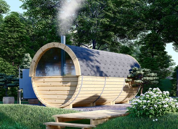 Sauna en tonneau extérieur avec vestiaire HELGA 40 (46 mm), 4,0 m, ⌀ 1,97 m, fenêtre panoramique (mi-hauteur). avp.ui.product_images.thumbnail 1