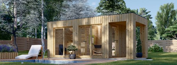 Sauna d'extérieur avec vestiaire DELLA (34 mm + bardage), 4,6 x 2,6 m, 9,3 m², terrasse de 3,6 m²