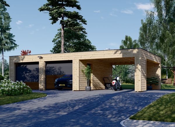 Garage en bois double SILVIA F (34 mm + bardage), 6x6 m, avec carport 4x6 m avp.ui.product_images.thumbnail 1
