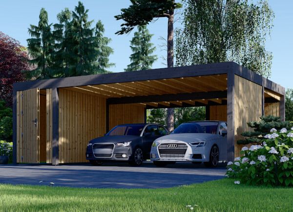 Carport en bois double avec abri et mur latéral LUNA DUO F PLUS, 7.6x5.6 m avp.ui.product_images.thumbnail 1