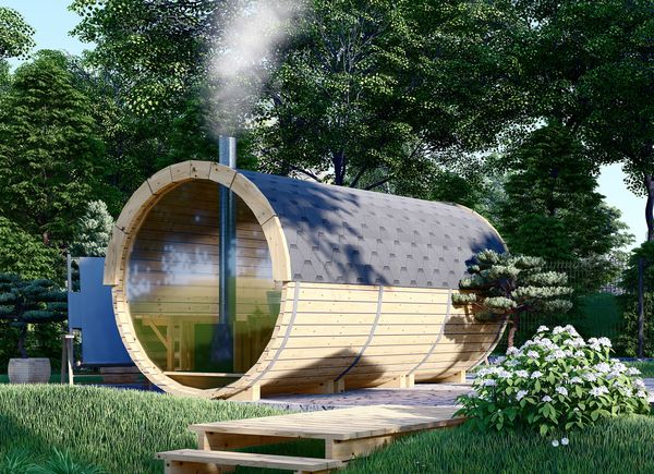 Sauna en tonneau extérieur avec vestiaire HELGA 40 (46 mm), 4,0 m, ⌀ 1,97 m, fenêtre panoramique (pleine hauteur). avp.ui.product_images.thumbnail 1