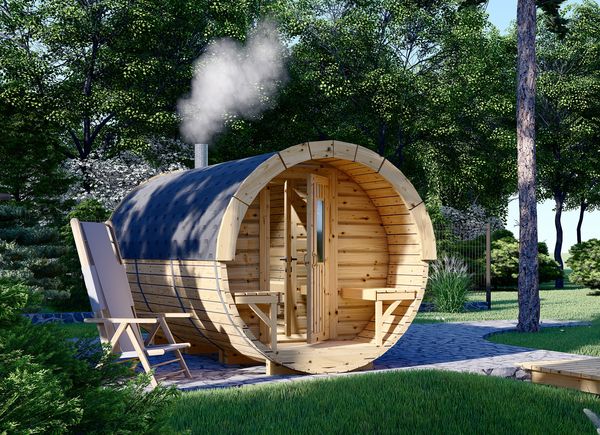 Sauna en tonneau extérieur avec vestiaire HELGA 45 (46 mm), 4,5 m, ⌀ 1,97 m avp.ui.product_images.thumbnail 1