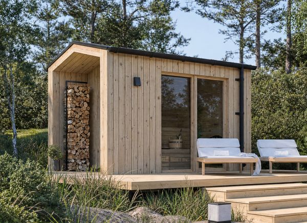 Sauna en bois SERENE 1 avec porche | Pin naturel – 3,44×2,64 m, 6,25 m² thumbnail 1