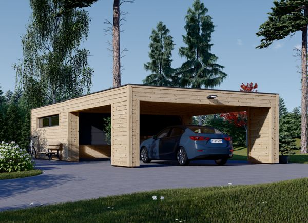 Garage en bois double SILVIA F (34 mm + bardage), 6x6 m, avec carport (aligné) 6x6 m avp.ui.product_images.thumbnail 1