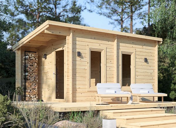 Sauna en bois VIGOR 3 avec vestiaire et porche (madriers massifs) – 5,3×2,5 m, 10,95 m² avp.ui.product_images.thumbnail 1