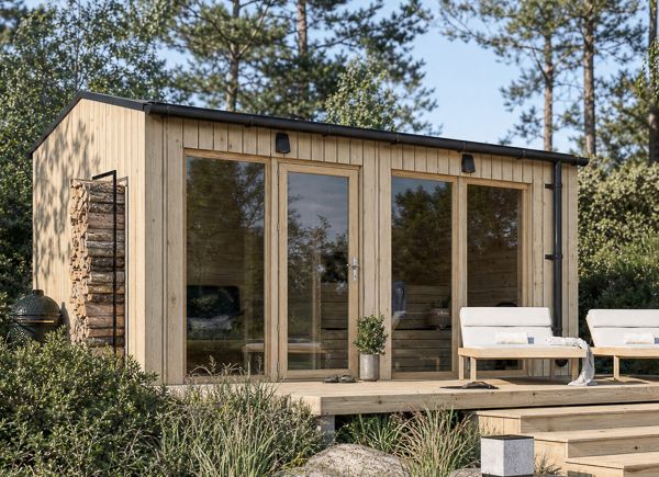 Sauna en bois SERENE 2 avec vestiaire | Pin naturel – 4,64×2,64 m, 9,35 m² thumbnail 1