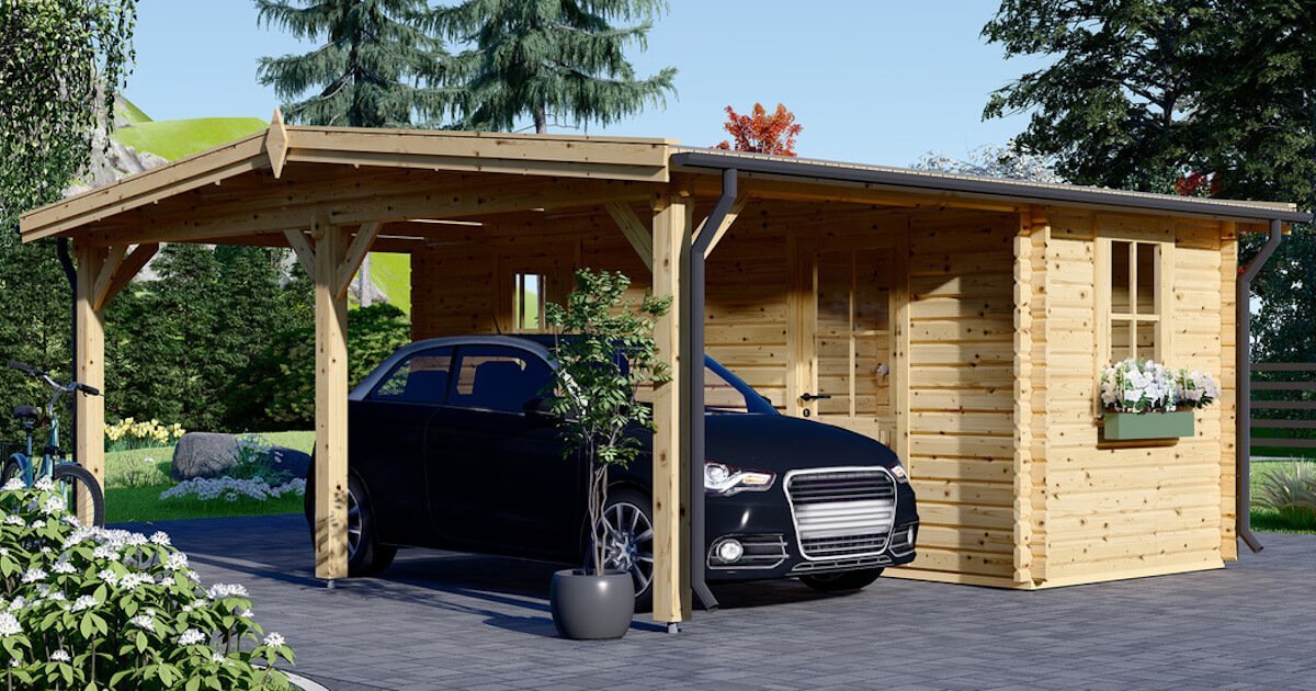Carport en bois double 5.5x6 m avec abri (44 mm), 2x6 m