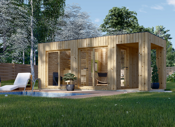 Sauna extérieur bois DELLA, 4,6 x 2,6 m, terrasse de 3,6 m²