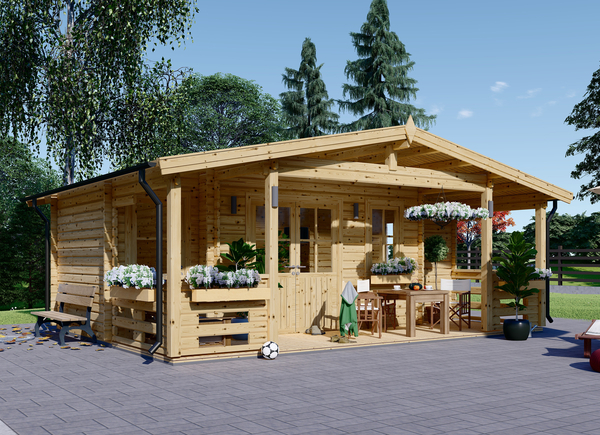 Abri de jardin en bois avec terrasse PARIS (34 mm), 6.7x5.7 m, 21 m² + 11 m²