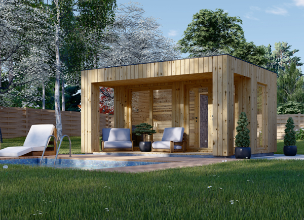 Sauna extérieur bois DELLA, 4,6 x 2,1 m, terrasse de 6,7 m²