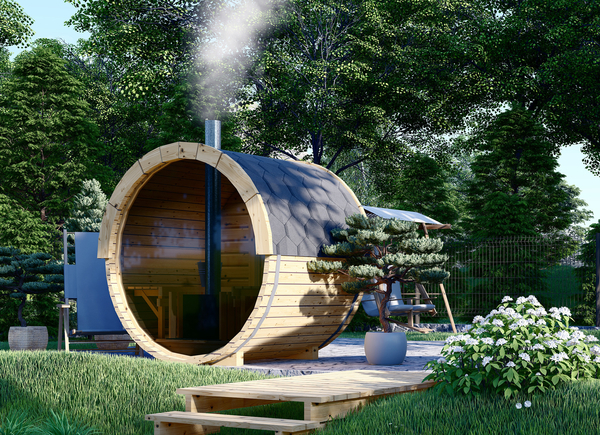 Sauna en tonneau HELGA 17 (46 mm), 1,7 m, 1,97 m avec fenêtre panoramique (pleine hauteur) - Sauna de jardin à vendre en France - Sauna d'extérieur