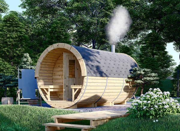 Sauna extérieur en tonneau avec vestiaire HELGA 35 (46 mm), 3,5 m, 1,97 m - Sauna de jardin à vendre au Royaume-Uni - Sauna extérieur pour la maison