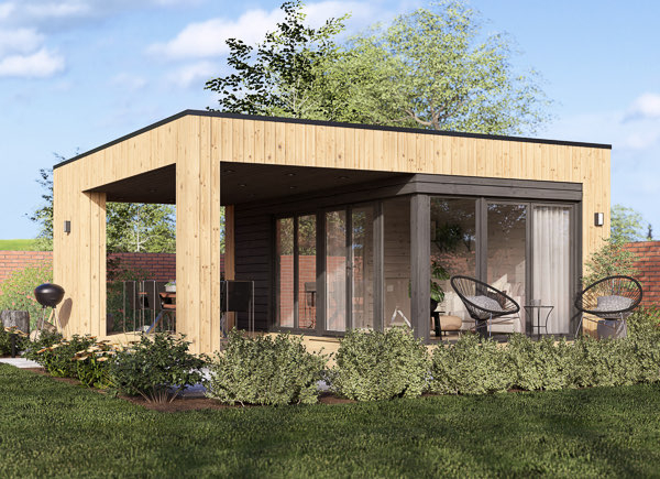 Abri de jardin en bois INES PLUS avec terrasse frontale (Isolé RE2020, 34 mm + bardage), 6x6 m, 36 m²