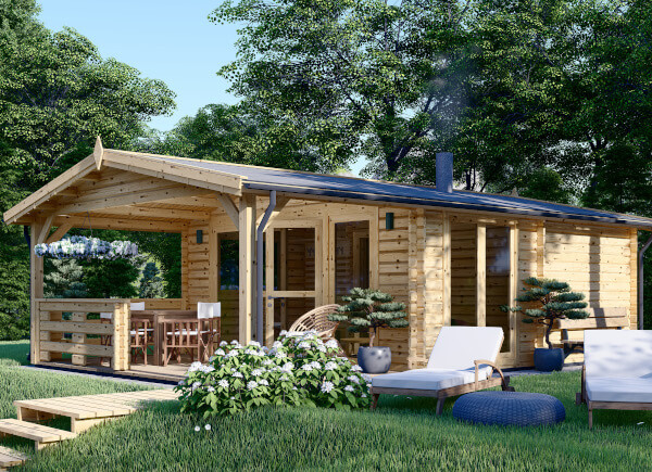 Sauna extérieur bois ELDA, 5x7.5 m, 25 m² (4 pièces), terrasse de 12 m²