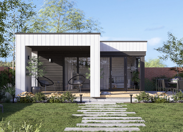 Abri de jardin en bois INES PLUS avec terrasse en L (Isolé, 34 mm + bardage), 6x6 m, 36 m²