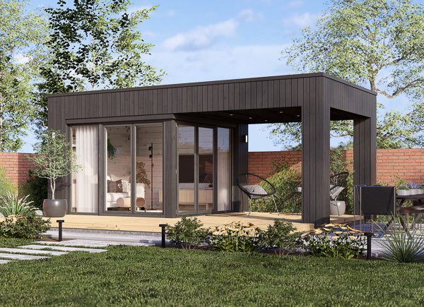 Abri de jardin en bois INES avec terrasse (Isolé RE2020, 44 mm + bardage), 6x3 m, 18 m²