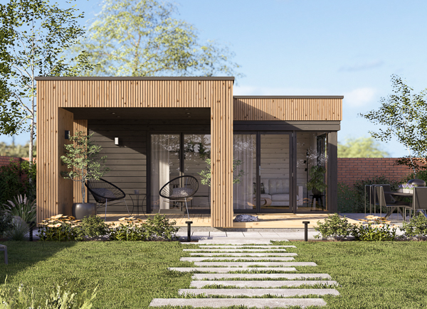 Abri de jardin en bois INES PLUS avec terrasse en L (Isolé RE2020, 34 mm + bardage), 6x6 m, 36 m²