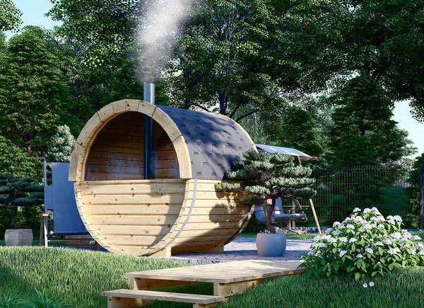 Sauna en tonneau HELGA 17 (46 mm), 1,7 m, 1,97 m avec fenêtre panoramique (mi-hauteur) - Sauna de jardin à vendre France - Sauna d'extérieur