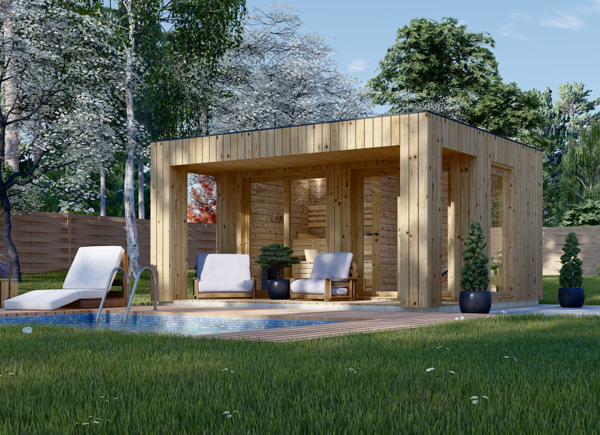 Sauna extérieur bois DELLA, 4,6 x 2,6 m, terrasse de 6,7 m²