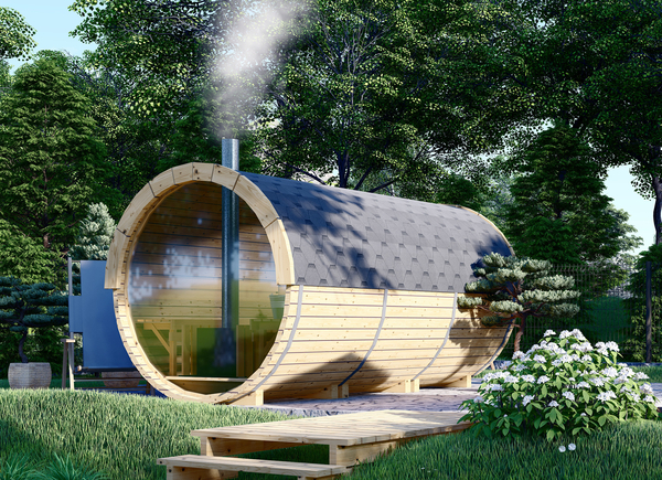 Sauna tonneau extérieur avec vestiaire HELGA 40 (46 mm), 4,0 m, 1,97 m, fenêtre panoramique (pleine hauteur) -Sauna extérieur pour la maison