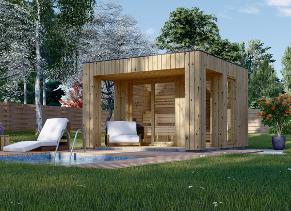 Sauna extérieur bois DELLA, 3,6 x 2,1 m, 5,5 m², terrasse de 5 m²