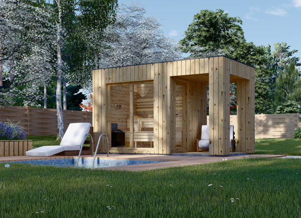 Sauna extérieur bois DELLA, 2,6 x 2,1 m, terrasse de 3 m²