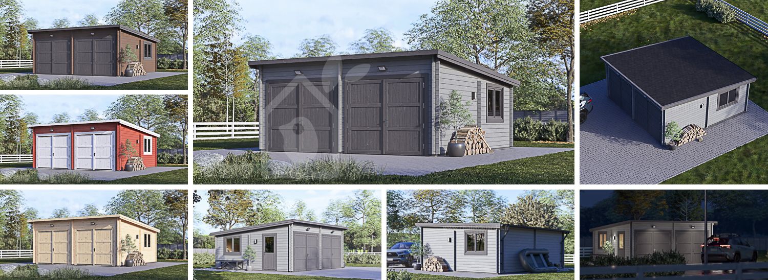 Garage en bois double à toit plat MODERN (44 mm), 6x6 m, 36 m² visualization 1