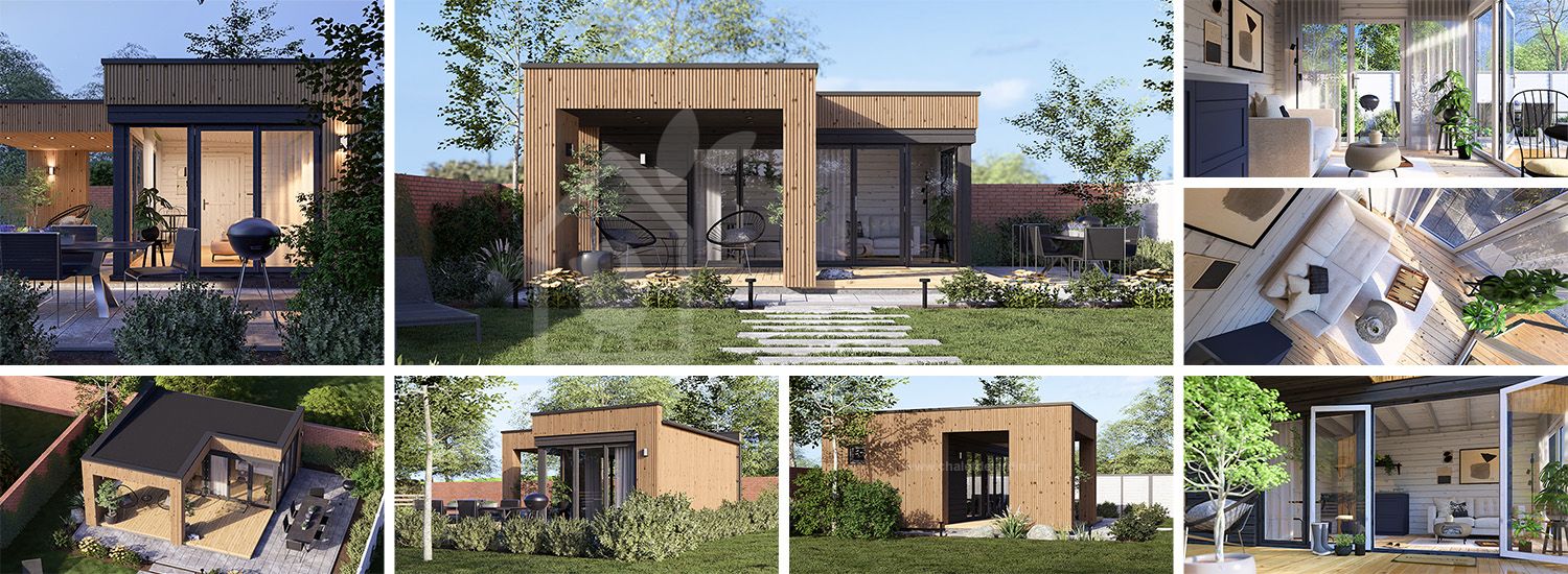 Abri de jardin en bois INES PLUS avec terrasse en L (34 mm + bardage), 6x6 m, 36 m² visualization 1