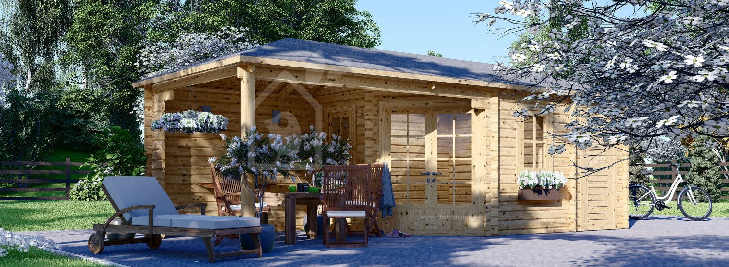Abri de jardin avec appenti LAMIA (28 mm), 7.35x3 m, 13.5 m² + 8.55 m² pergola visualization 1
