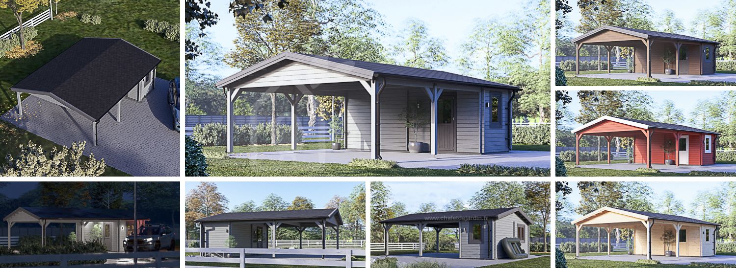Carport en bois double 5.5x6 m avec abri (44 mm), 2x6 m visualization 1